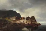 Reinholdt Boll, Kystlandskap med folkeliv, 1855, Olje på lerret