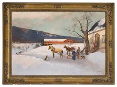 Axel Ender, Sledefart fra gårdstun, Olje på lerret