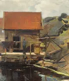 Oscar Wergeland, Mann på brygge, Svinør, 1883, Olje på plate