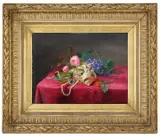 Frants Diderik Bøe, Oppstilling med blomster, muslinger og smykker, Olje på lerret