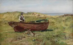 Marcus Grønvold, Mann med øks ved en jig, 1888, Olje på lerret