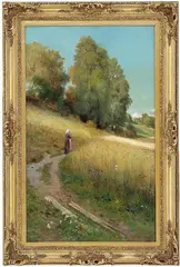 Høstlandskap med kvinne og kornåker by Christian Skredsvig, Olje på lerret, sold Nov 2007