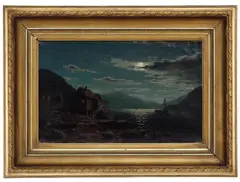 Kystlandskap med folkeliv, måneskinn by Amaldus Nielsen, 1867, Olje på lerret, sold Nov 2007