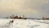 Jacob Oxholm Schive, Vinterlandskap med gårdsbruk og folkeliv, 1876, Olje på lerret