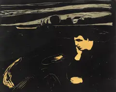 Edvard Munch, Melankoli III, Fargetresnitt trykket i svart, grågrønt og