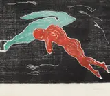 Edvard Munch, Møte i verdensrommet, Fargetresnitt trykket i svart, rødt og blågrønt på