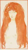 Edvard Munch, Kvinne med rødt hår og grønne øyne Synden, Fargelitografi trykket i gult, rødt og grønt på