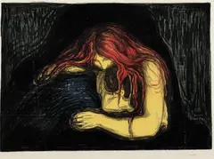 Edvard Munch, Vampyr II, Fargelitografi og fargetresnitt trykket i svart rødt (litografi), blått, grønt, orange (tresnitt) på tynt Japanpapir