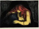 Edvard Munch, Vampyr II, Fargelitografi og fargetresnitt trykket i svart rødt (litografi), blått, grønt, orange (tresnitt) på tynt Japanpapir