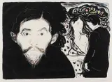 Edvard Munch, Sjalusi I, Litografi trykket i svart med håndkolorering i