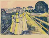 Edvard Munch, På broen, Fargelitografi trykket i blått på tykt gulhvitt