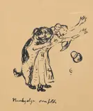 Edvard Munch, Hunden overfaller hushjelpen, Litografi trykket i svart på middels tynt gulhvitt