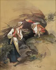 Nils Bergslien, Bondepike og nisse, Gouache på papir, lysmål