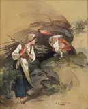Bondepike og nisse by Nils Bergslien, Gouache på papir, lysmål, sold Jun 2007