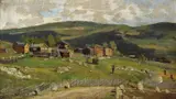 Fredrik Borgen, Gårdsbruk med folkeliv, Gol, 1877, Olje på lerret, oppklebet på plate