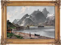 Axel Ender, Kvinne i fjordlandskap med dampbåt, Olje på lerret