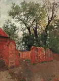 Rød mur og trær Fra omegnen av Amiens by Frits Thaulow, Olje på plate, sold Jun 2007