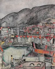 Arne Kavli, Fra Vågen i Bergen med Bryggen, 1916, Olje på lerret