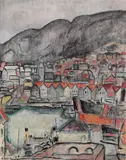 Fra Vågen i Bergen med Bryggen by Arne Kavli, 1916, Olje på lerret, sold Jun 2007