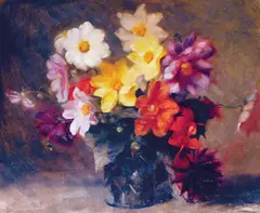 Johannes Grenness, Oppstilling med blomster i vase, Olje på lerret