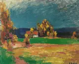 Erling Enger, Hus i landskap, 1957, Olje på plate