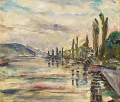Henrik Lund, Popler ved strand, 1928, Olje på plate