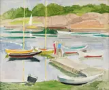 Mennesker på brygge by Carl von Hanno, 1948, Olje på plate, sold Jun 2007