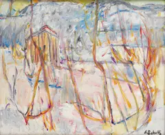 Alexander Schultz, Hus i vinterlandskap, Olje på lerret