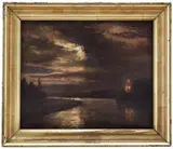 Johan Christian Dahl, Måneskinn over Elben, 1843, Olje på papir, oppklebet på plate