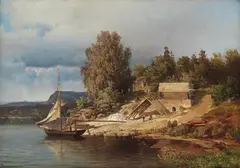 Philip Barlag, Kystlandskap med folkeliv, 1868, Olje på lerret, oppklebet på plate