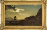 Amaldus Nielsen, Kystlandskap med seilskute, 1869, Olje på lerret