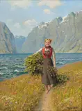 Hans Dahl, Bondepike bærende på lauv, Olje på lerret