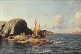 Lauritz Haaland, Seilbåter med fiskere i kystlandskap, 1894, Olje på lerret
