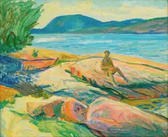 Willi Midelfart, Sittende mann i kystlandskap, Olje på plate