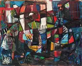 Komposisjon med figurer by Jakob Weidemann, Olje på plate, sold May 2007