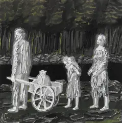 Arne Ekeland, Vandrende familie med kjerre, Gouache på papir, lysmål