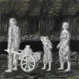 Arne Ekeland, Vandrende familie med kjerre, Gouache på papir, lysmål