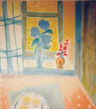 Johannes Rian, Oppstilling med blomster i vinduskarm, 1944, Fargelitografi, lysmål
