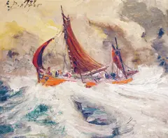 Einar Berger, Fiskebåter i storm, 1949, Olje på plate