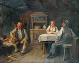 Nils Bergslien, Pike, gutt og eldre mann i interiør, Olje på lerret
