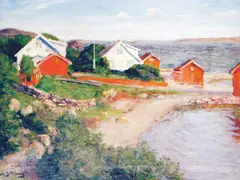 Jacob Bratland, Kystlandskap med hus, Olje på lerret