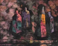 Tor Hoff, Oppstilling med flasker, 1959, Olje på lerret