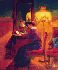 Robert Panitzsch, Kvinne i interiør ved lampelys, 1916, Olje på lerret