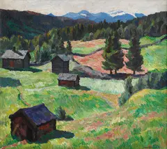 Hans Ødegaard, Landskap med småbruk, 1916, Olje på lerret