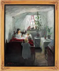 Frits Thaulow, Morgen, interiør fra en fiskerstue, 1890, Olje på lerret