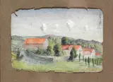 Lars Hertervig, Landskap med hus, 1873, Gouache og fettstift på papir