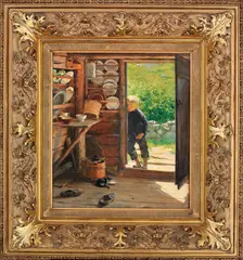 Fredrik Kolstø, Interiør med gutt og katt, 1894, Olje på lerret