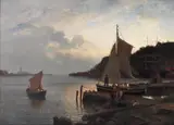 Hans Gude, Morgenstemning i en norsk havn, 1871, Olje på lerret