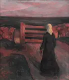 Kvinne ved grind by Arne Kavli, Olje på lerret, sold Nov 2006