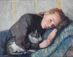 Wilhelm Wetlesen, Ung kvinne med katt, 1908, Olje på lerret